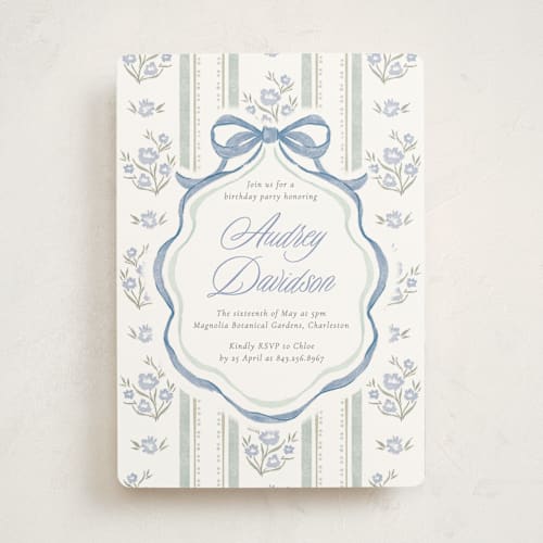 This is a periwinkle party invitations with standard by Jackie Crawford called cottage birthday printing on signature in standard