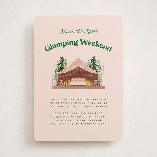 This is a blush party invitations with standard by Becky Nimoy called glamping printing on signature in standard