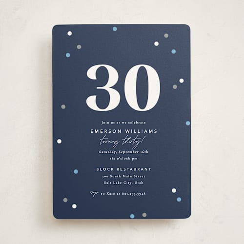 This is a navy party invitations with standard by Robert and Stella called cute confetti printing on signature in standard