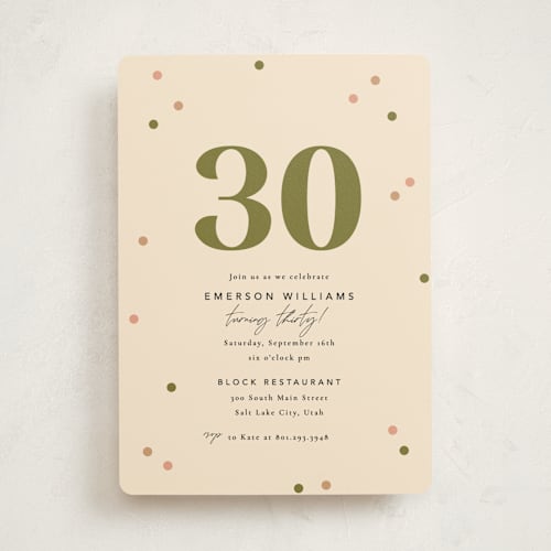 This is a olive party invitations with standard by Robert and Stella called cute confetti printing on signature in standard