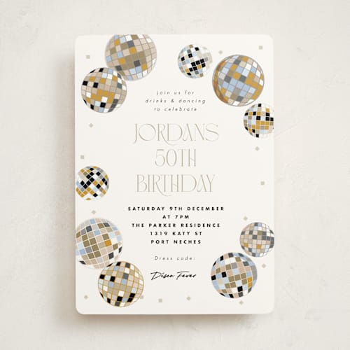 This is a sunset party invitations with standard by Corinne Malesic called disco fever printing on signature in standard