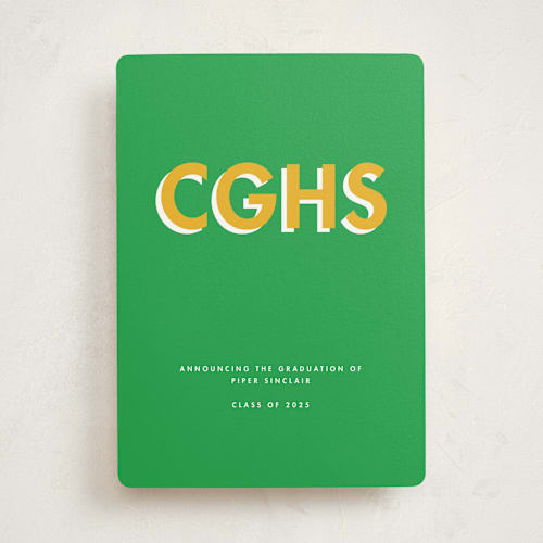 This is a grass graduation announcements with standard by mo kelley called bold initials printing on signature in standard