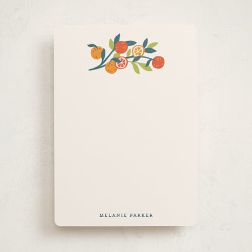This is a tangerine personalized stationery thank you cards with standard by Rebecca Smith called orange sprigs printing on signature in 5x7
