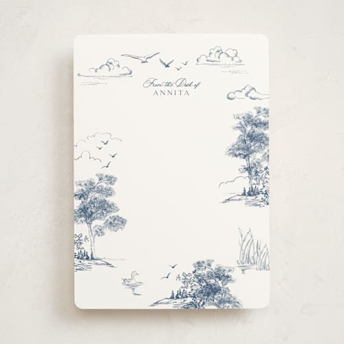 This is a lake personalized stationery thank you cards with standard by Lucrecia Caporale called lake side toile printing on signature in 5x7