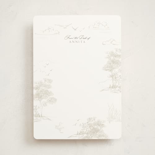 This is a taupe personalized stationery thank you cards with standard by Lucrecia Caporale called lake side toile printing on signature in 5x7
