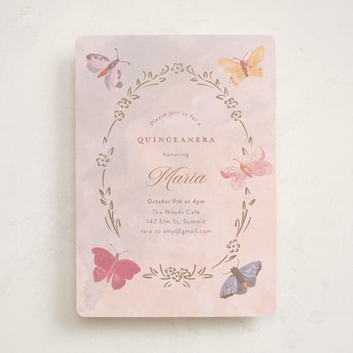 This is a petal sweet sixteen birthday party invitations with standard by Teju Reval called dreamy butterflies printing on signature in standard