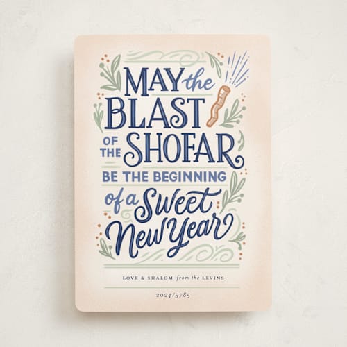 This is a parchment rosh hashanah cards by Laura Bolter called shofar blast printing on signature in standard