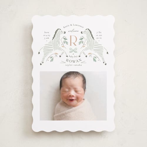 This is a seafoam birth announcements with standard by Griffinbell Paper Co. called hearts and stripes printing on smooth signature in standard