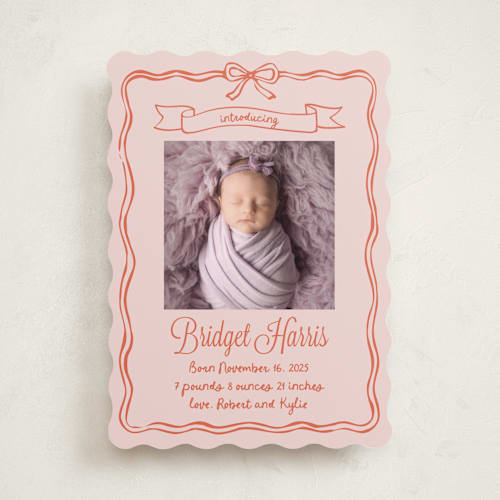 This is a sunset coral birth announcements with standard by Cass Loh called bow frame printing on recycled smooth signature in standard
