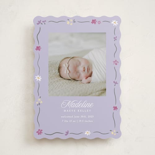 This is a lilac birth announcements with standard by Robert and Stella called petite garden printing on smooth signature in standard