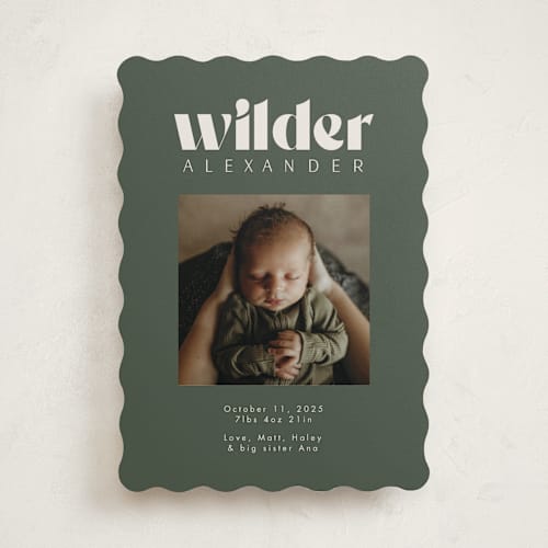 This is a forest birth announcements with standard by Kristen Knechtel called big type printing on recycled smooth signature in standard