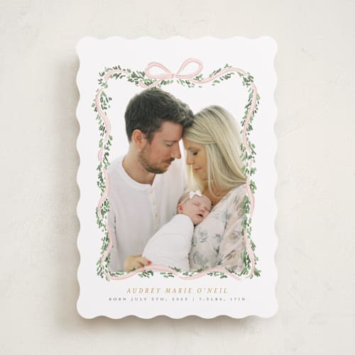 This is a blush birth announcements with standard by Itsy Belle Studio called ribbonly frame printing on recycled smooth signature in standard