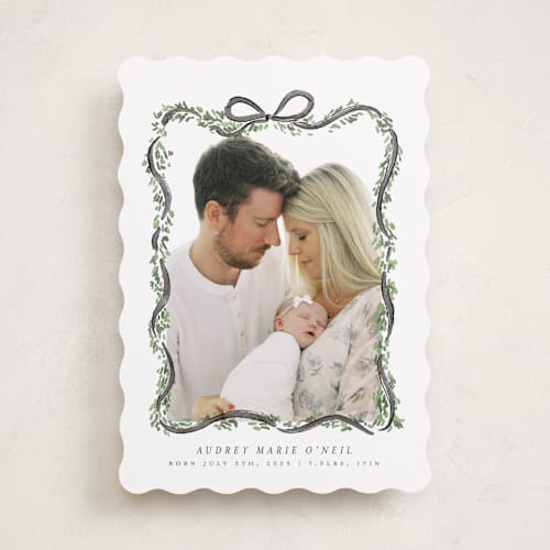This is a coal birth announcements with standard by Itsy Belle Studio called ribbonly frame printing on smooth signature in standard