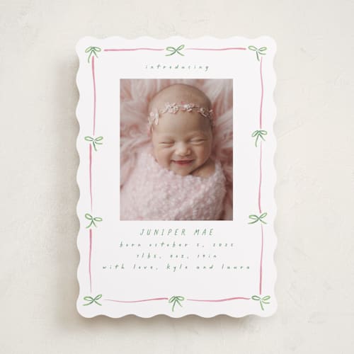This is a candy birth announcements with standard by Susan Zinader called preppy bow border printing on smooth signature in standard