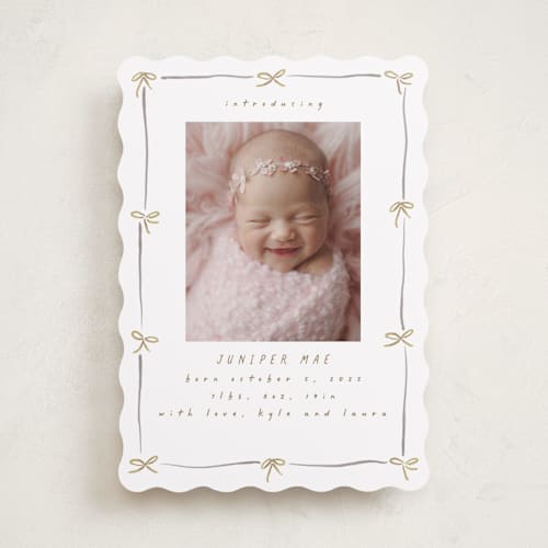 This is a pebble birth announcements with standard by Susan Zinader called preppy bow border printing on recycled smooth signature in standard