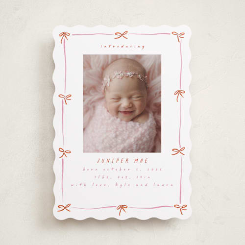 This is a scarlet birth announcements with standard by Susan Zinader called preppy bow border printing on recycled smooth signature in standard