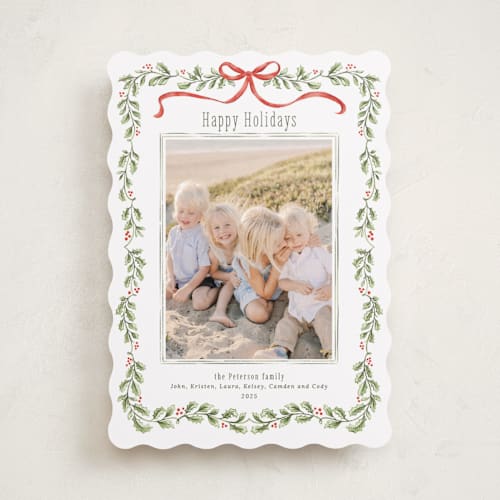 This is a candy cane photo christmas cards with standard by Paula Pecevich called holly garland and bow printing on recycled smooth signature in standard