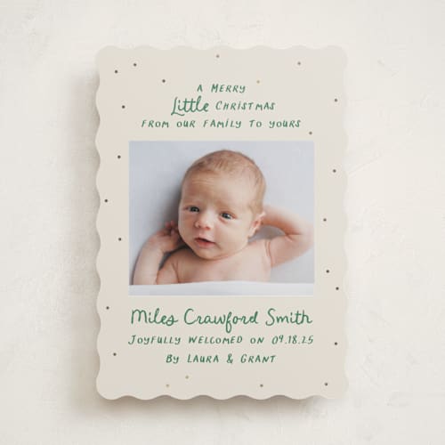 This is a evergreen babys first christmas with foil pressed by Megan Davis called little merry printing on recycled smooth signature in standard