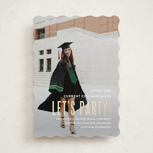This is a snow graduation invitations with foil pressed by Susan Brown called pomp and current circumstances printing on recycled smooth signature in standard
