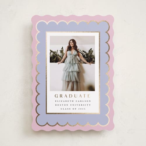 This is a lavender graduation announcements with foil pressed by Maria Alou called graduation stamp printing on recycled smooth signature in standard