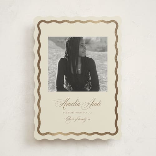 This is a buttercream graduation announcements with foil pressed by Jen Ramsey called amelia jude printing on recycled smooth signature in standard