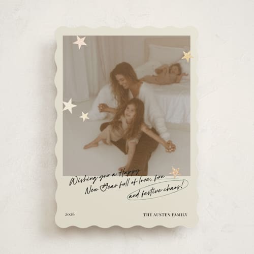 This is a buttercream foil pressed holiday cards with foil pressed by Helena Vitto called messy christmas printing on recycled smooth signature in standard