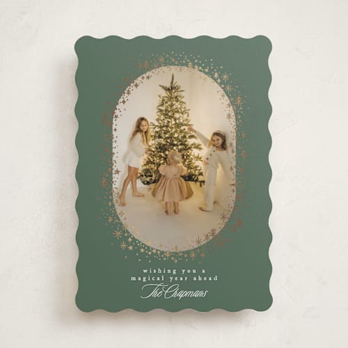 This is a forest foil pressed holiday cards with foil pressed by Karidy Walker called magical holiday season printing on recycled smooth signature in standard