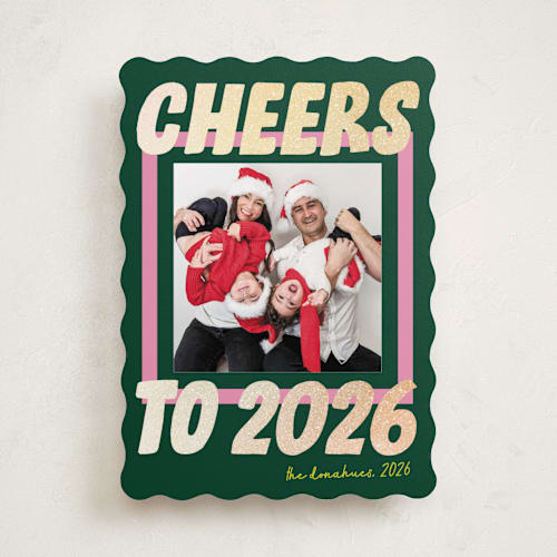 This is a evergreen foil pressed holiday cards with foil pressed by Shari Margolin called bold and bright printing on recycled smooth signature in standard