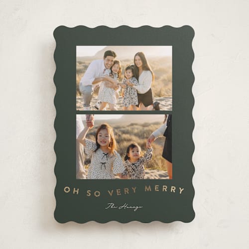 This is a forest foil pressed holiday cards with foil pressed by Kristen Knechtel called so merry waved printing on recycled smooth signature in standard