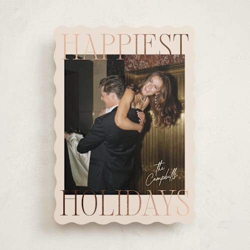 This is a eggnog foil pressed holiday cards with foil pressed by Ekko Studio called glam greeting printing on recycled smooth signature in standard