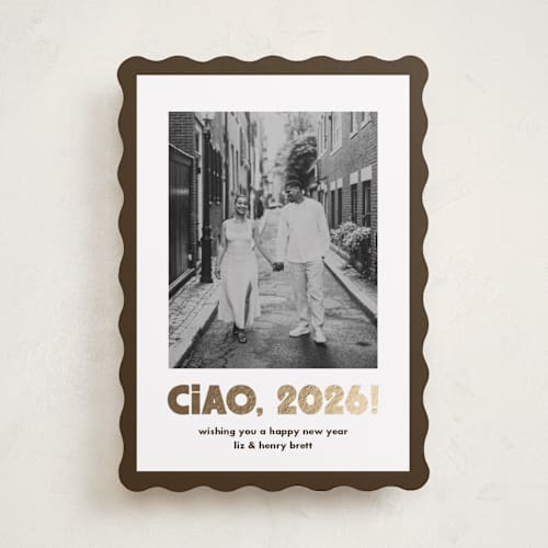 This is a espresso foil pressed holiday cards with foil pressed by Megan Davis called trattoria printing on recycled smooth signature in standard