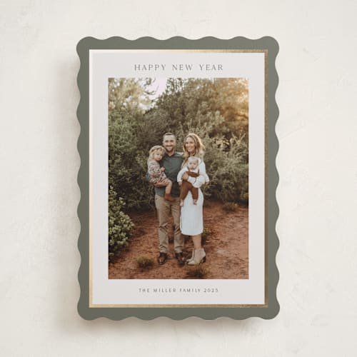 This is a sage foil pressed holiday cards with foil pressed by Nicole Walsh called foil frame printing on recycled smooth signature in standard