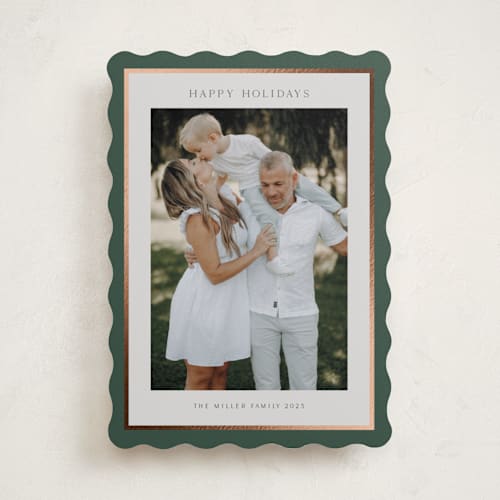 This is a evergreen foil pressed holiday cards with foil pressed by Nicole Walsh called foil frame printing on recycled smooth signature in standard