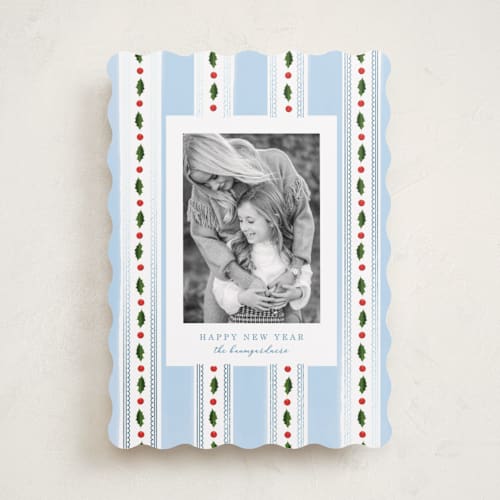 This is a robin's egg foil pressed holiday cards with foil pressed by Baumbirdy called holly frames printing on recycled smooth signature in standard