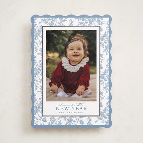 This is a powder foil pressed holiday cards with foil pressed by Jenna Holcomb called merry floral toile printing on recycled smooth signature in standard