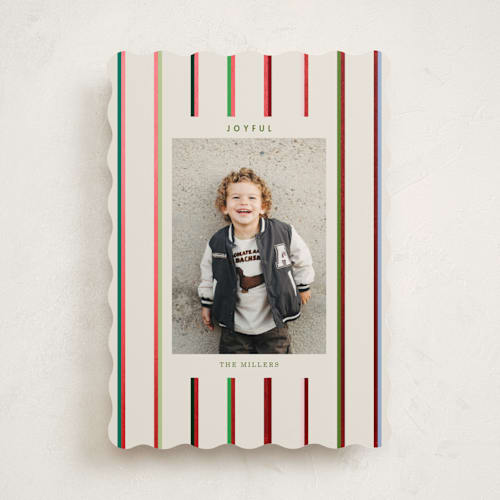 This is a champagne foil pressed holiday cards with foil pressed by Baumbirdy called colorful stripes printing on recycled smooth signature in standard
