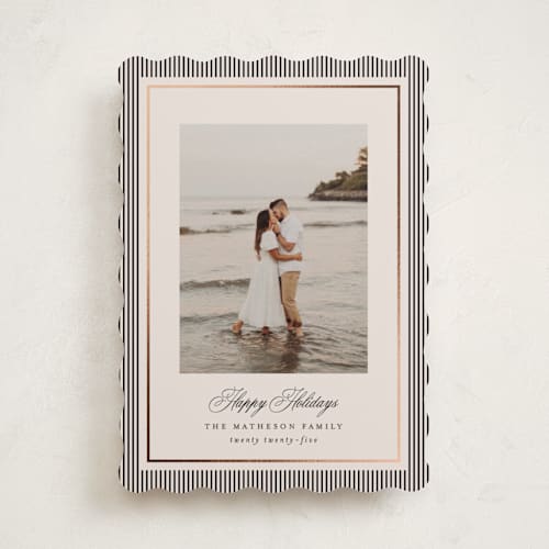 This is a linen foil pressed holiday cards with foil pressed by Kelly Schmidt called striped elegance printing on recycled smooth signature in standard