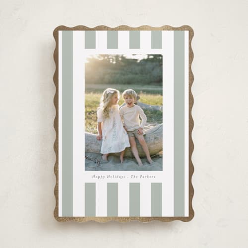 This is a sage foil pressed holiday cards with foil pressed by Angela Thompson called linen stripes printing on recycled smooth signature in standard