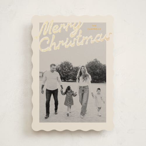 This is a butterscotch foil pressed holiday cards with foil pressed by Ekko Studio called nostalgia printing on recycled smooth signature in standard