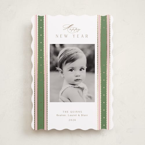 This is a wreath foil pressed holiday cards with foil pressed by Susan Zinader called swiss dot ribbon printing on recycled smooth signature in standard