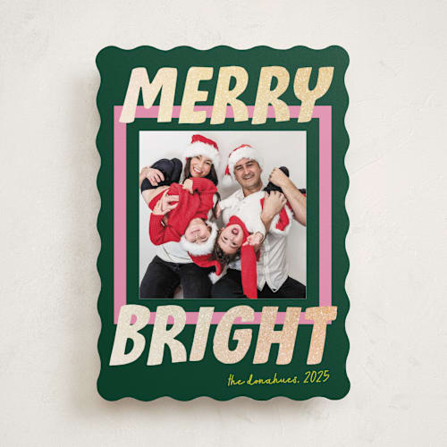 This is a evergreen foil pressed holiday cards with foil pressed by Shari Margolin called bold and bright printing on recycled smooth signature in standard