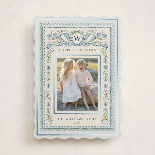 This is a blue jay foil pressed holiday cards with foil pressed by Paper Sun Studio called christmas gift printing on recycled smooth signature in standard