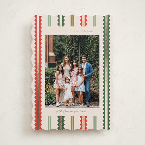 This is a fruitcake foil pressed holiday cards with foil pressed by Pixel and Hank called swiggle printing on recycled smooth signature in standard