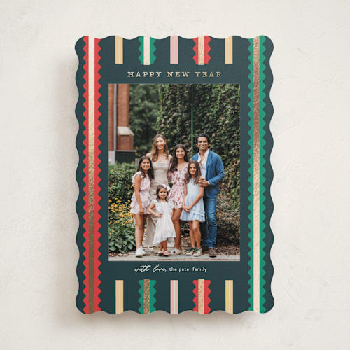This is a confetti foil pressed holiday cards with foil pressed by Pixel and Hank called swiggle printing on recycled smooth signature in standard