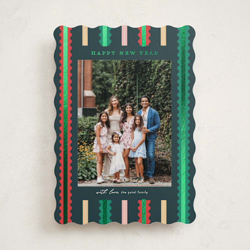 This is a confetti foil pressed holiday cards with foil pressed by Pixel and Hank called swiggle printing on recycled smooth signature in standard
