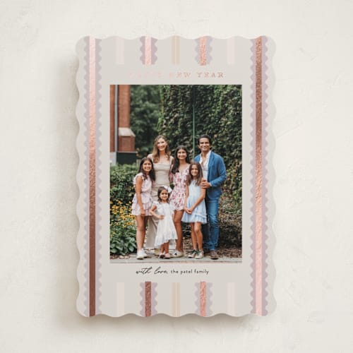 This is a tinsel foil pressed holiday cards with foil pressed by Pixel and Hank called swiggle printing on recycled smooth signature in standard