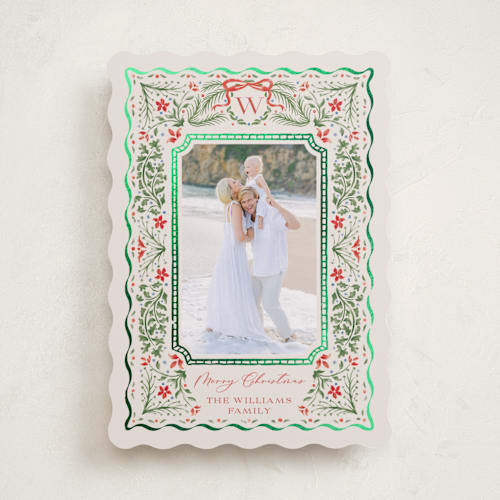 This is a poinsettia foil pressed holiday cards with foil pressed by Paper Sun Studio called vintage christmas printing on recycled smooth signature in standard