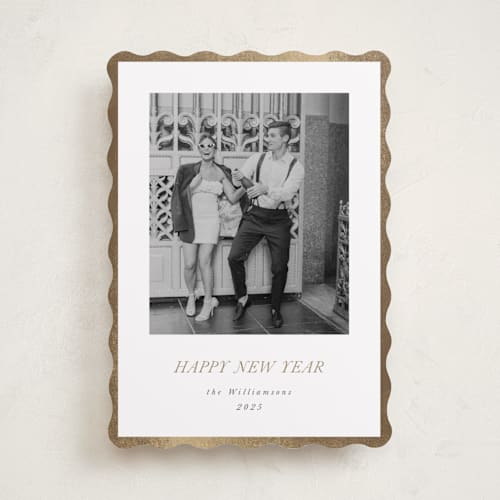 This is a champagne foil pressed holiday cards with foil pressed by Jenna Holcomb called bordered printing on recycled smooth signature in standard