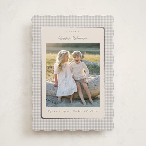 This is a ash foil pressed holiday cards with foil pressed by Emily Betts called gingham vintage printing on recycled smooth signature in standard