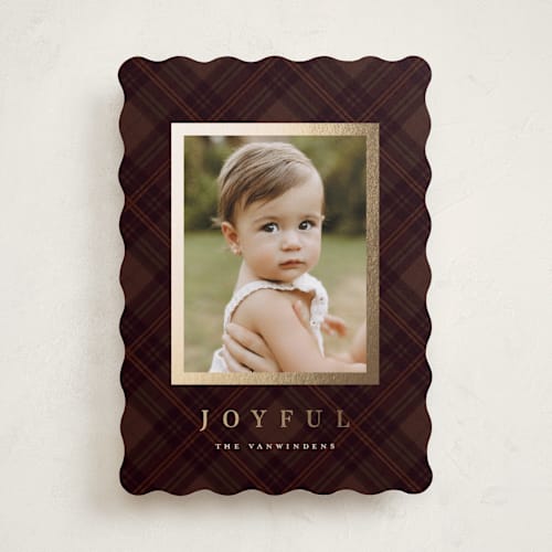 This is a cranberry foil pressed holiday cards with foil pressed by Olivia Kanaley Inman called balmoral green printing on recycled smooth signature in standard